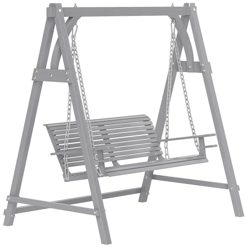 Outsunny 2 Seater Garden Swing Seat, Wooden Swing Chair Bench with Adjustable Hanging Chains and Cup Holders for Outdoor Porch Patio, Grey