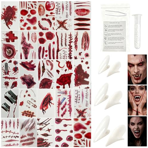 Nhgkju Set di 20 adesivi per ferite, con denti da vampiro per Halloween, con sangue artificiale, colla speciale, effetto trucco teatrale, bianco e rosso