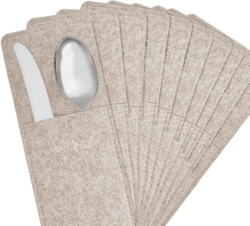 Miqio ® - Design Bestecktaschen aus Filz abwaschbar| 10er-Set | Skandinavische Deko - passend Tischsets, Platzsets, Tischdecken | Beige