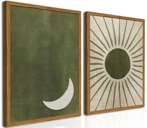 Framed Boho Sun and Moon Canvas Wall Art Set of 2, Vintage Sage Green Bohemian Pictures Wall Decor, Mid Century Modern Abstract Minimalist Paintings Prints for Living Room Bedroom Office 12x16 inch