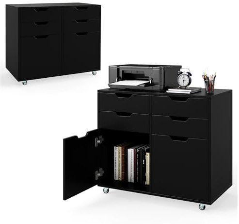 KOMFOTTEU Aktenschrank mit 5 Rollen, Rollcontainer mit 4 Schubladen & 2 Schränken mit Türen, Bürocontainer aus Holz, Schubladenschrank Bürowagen Druckertisch für Büro, Wohnzimmer (Schwarz)