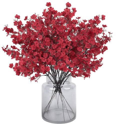 N&T NIETING 12 flores artificiales de gypsophila, flores artificiales de seda para decoración del hogar, bodas, fiestas, mesas, jardines, fiestas, decoración (rojo)