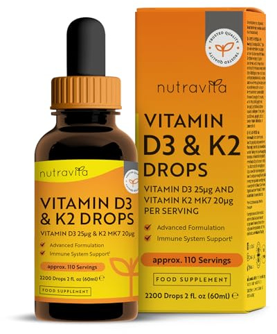 Nutravita Vitamina D3 K2 Gocce 1000 UI Per Goccia - Integratore Liquido di Vitamina D3 & Vitamina K2 ad alto Dosaggio - Flacone da 60 ml - Circa 110 Porzioni