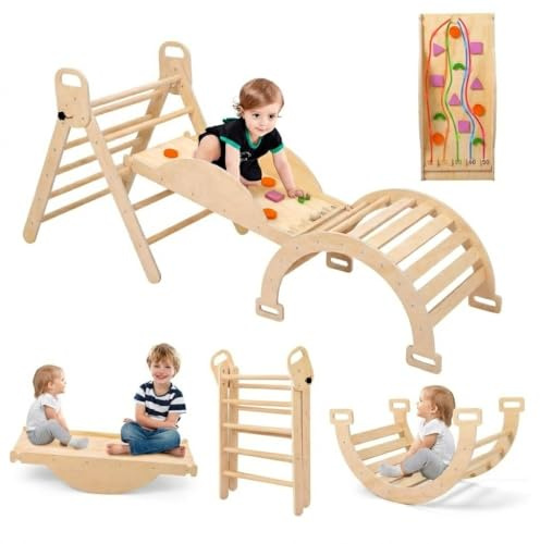 GarveeLife 9 en 1 Jeux d'escalade en Bois Enfant, Ensemble Triangle Pliable avec Arche, Triangle, Flipper Et Balançoire à Bascule, Aire De Jeux d'Intérieur/Jungle Gym Robuste pour Tout-Petits