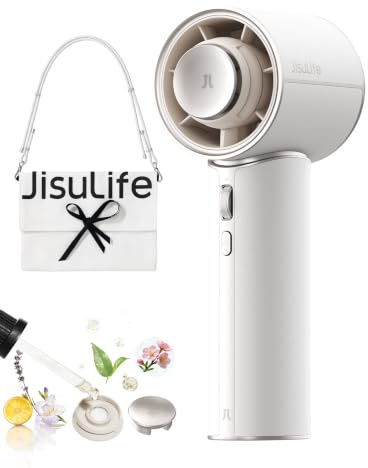 JISULIFE Handventilator, PU-Leder, 30 Stunden Kühlleistung, Aromakapsel | 100-stufiger Turbo-Luftstrom, LED-Anzeige, tragbarer Ventilator für Reisen – Weiß (Pro1 Mini, 1 Stück)