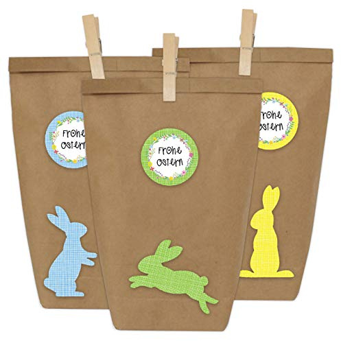 PaPIerDraCHeN 12 Sacchetti per Regali per la Pasqua Fai da Te e da riempire a Piacere - Cestino Pasquale Fai da Te con 12 Sacchetti di Carta e Adesivi con Coniglietto Pasquale - Design 2