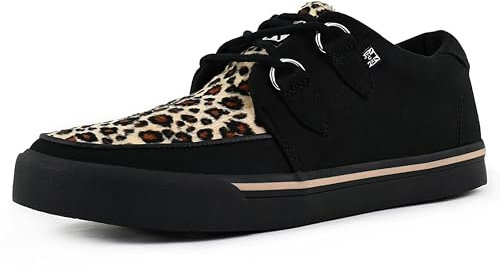 T.U.K. Vegan Creeper Sneaker - Herren & Damen Schuhe - Farbe Black Canvas & Leopard Print - Puck, Goth und Rocker Style Leder und Wildleder Schnürschuhe - Größe 44