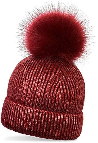styleBREAKER cálido Gorro con pompón de Punto metálico con un pompón de Pelo Artificial Amovible, Gorro de Invierno con pompón de Pelo, señora 04024138, Color:Burdeos-Rojo
