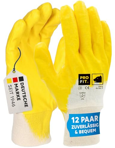 PRO FIT Nitril-Handschuh 12 Paar – Arbeitshandschuhe, Mechaniker-Handschuh, Schutzhandschuhe, Gartenhandschuhe ¾ beschichtet, Montagehandschuhe - Gelb, Gr. 8