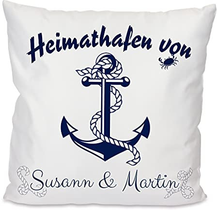 Unikatolo Kissen Heimathafen, Anker mit Namen, Namenskissen, Geldgeschenk Hochzeitsgeschenk, Deko, inkl. Füllung 40 x 40 cm