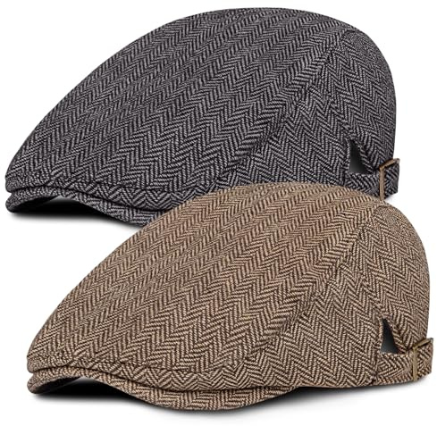 Senker Fashion 2 Pack Newsboy Cap for Men Adjustable Herringbone Tweed Wool Hats Blend Flat Cap Ivy Cabbie Driving Hat Coffee Black
