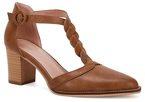 Womens Block Chunky Heels T Strap Closed Toe Dress Shoes Stacked Heeled Sandals Pumps