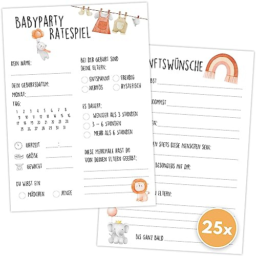 Babyparty Spiele (25 Karten - beidseitig bedruckt) - Deutsch - Babyshower Spiele für Junge und Mädchen - Deko Baby Shower Party Spiel - Aquarell Figuren
