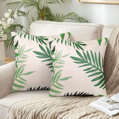 Lot de 2 Housse de Coussin Moderne 45x45cm Vert Feuilles Motif Housse Coussin en Polyester Taie d'oreiller Coussins de Canapé Décoratifs pour Exterieur Jardin Chaises Salon Chambre Maison Décor