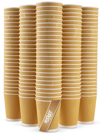 FOOGO Green 50pcs 8oz Disposable Strong Triple-Wall Brown Paper Coffee Cups, FSC® Certified, Fully Compostable, for Hot Drinks, Heat-Resistant Ripple Design, Takeaway Coffee Cups, Party