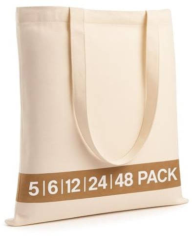 Salt Earth Pack of 5 | 6 | 12 | 24 | 48 – 100% Cotton Reusable Tote Bags – Bulk Grocery, Shopping, DIY, Beach & Gift Use (Natural)