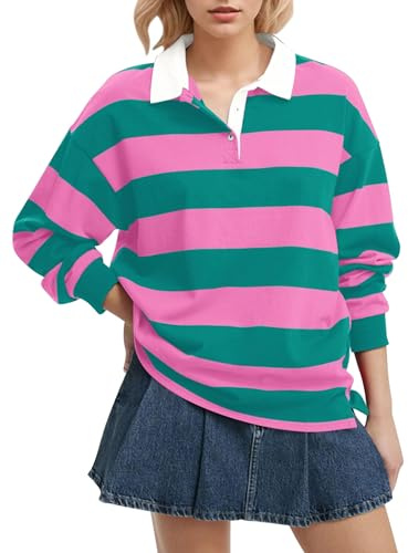 Meladyan Womens Striped Polo Sweatshirt Oversized Long Sleeve Lapel V Neck Pullover Shirt Loose Fit Collar Y2K Streetwear Blouses Pink-Green