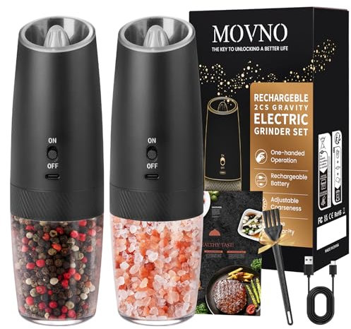 2Pcs Gravity Electric Salt and Pepper Grinder Set, USB-C Rechargeable - LED Light One Hand Automatic Operation, Adjustable Coarseness Mill Grinders Shakers Black, Kitchen Gadgets Gift Ideas