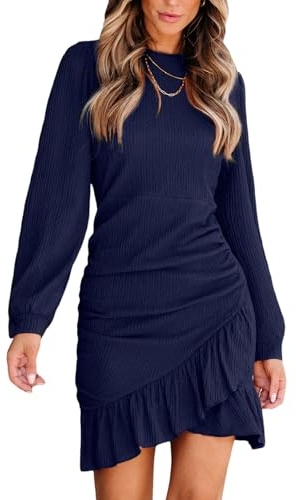 CUPSHE Vestito da donna in maglia con increspature, mini abito con orlo increspato, girocollo, maniche lunghe, aderente, estivo, Blu navy, M