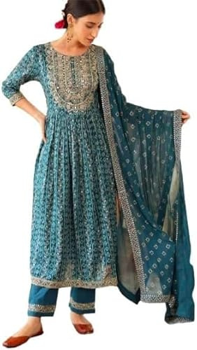 Aizza Trends Set di pantaloni Kurti in cotone con stampa a campana, taglio Nayra, per donne e ragazze, Blu-1., XX-Large