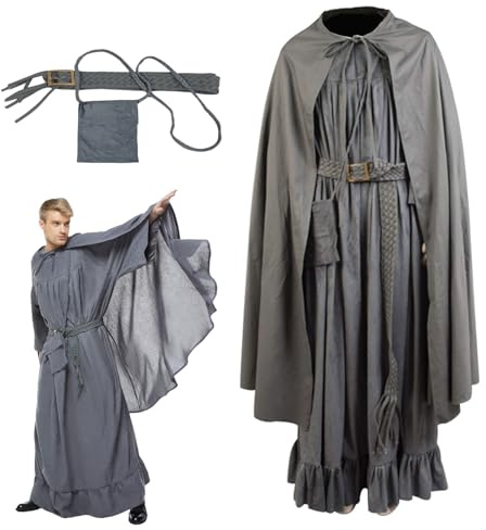KoleGoe Grå trollkarl cosplay kostym rock kappa med bälte crossbody väska tillbehör halloween set