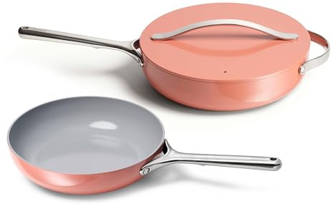 Caraway Fry Pan and Sauté Pan Duo - 10.5” Ceramic Frying Pan and 11.8” Deep Sauté Pan with Lid - Non Stick, Non Toxic, Oven Safe - Perracotta