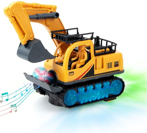 Kizeefun Bagger Spielzeug, Automatisches Gehen und Spaß am Schießen, Auto Kinder Bagger Spielzeug mit Lichtern und Musik für 3 4 5 6 7 8 Jahre alt