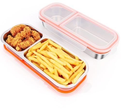 Musiwanna 2Pcs Stainless Steel Snack Box with 2 Compartments 700ml, Metal Snack Container with Leakproof Lid, Double Divided Small Lunch Box, Microwave&Dishwasher Safe Bento Box for Plane School Work