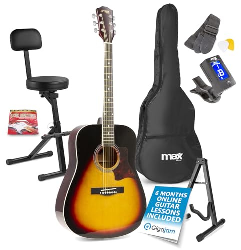 MAX SoloJam Sunburst Beginner Acoustic Guitar Starter Kit Bundle with Classical Design, Folding Musician's Stool with Backrest and Sturdy Stand – Ideal Complete Learning Package