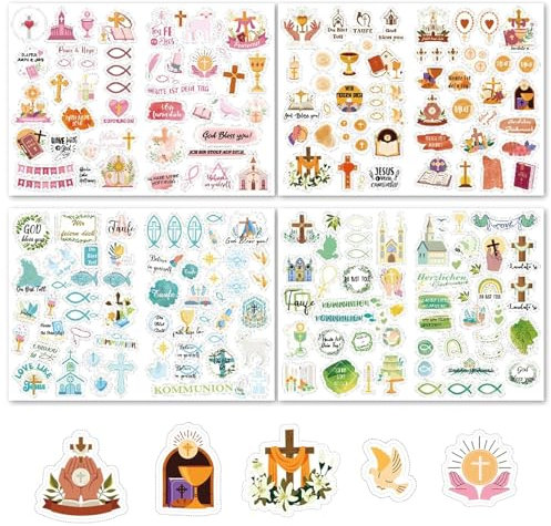 ASOMI Lot de 4 feuilles d'autocollants pour communion, 205 messages - Pour livre d'or de baptême, confirmation - Décoration de cartes - Pour communion, baptême, confirmation