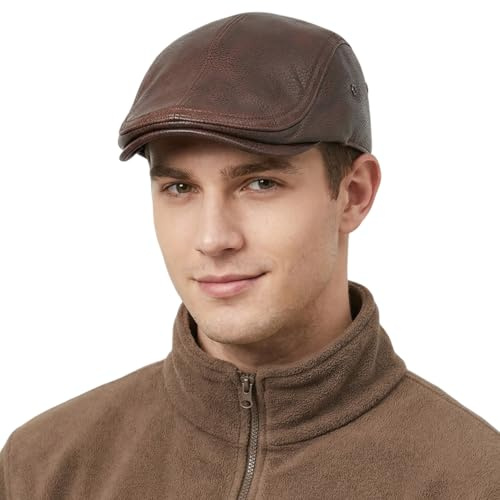 Michear Gorra plana de piel de vaca auténtica para hombre, ajustable, 56-60 cm, gorra de conducción británica, impermeable, boina vintage, marrón, L/talla única