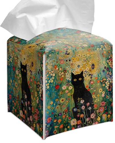 Grace Yonks Cute Tissue Box Cover Square - Black Cat in Whimsical Flower Garden Print Design 5.2 PU Leather Holder for Vanity, Desk, or Bathroom Counter - Cube Case for Facial Tissues(025)