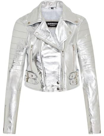 Infinity Leather Giacca Corta da Donna, Modello Corto, Stile Gotico, in Vera Pelle, Stile Biker, Argento