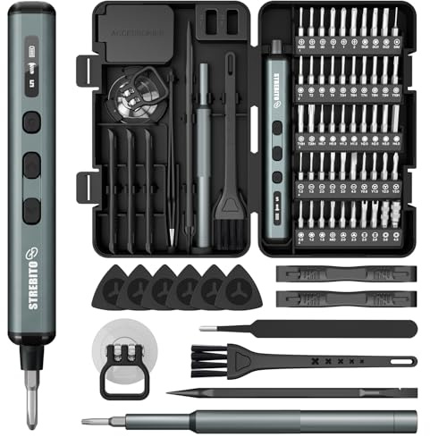 STREBITO Mini cacciavite elettrico, 67 in 1, kit di cacciaviti elettrici – 50 punte preicison S2, 5 impostazioni di coppia, archiviazione organizzata, piccolo cacciavite elettrico ricaricabile kit di