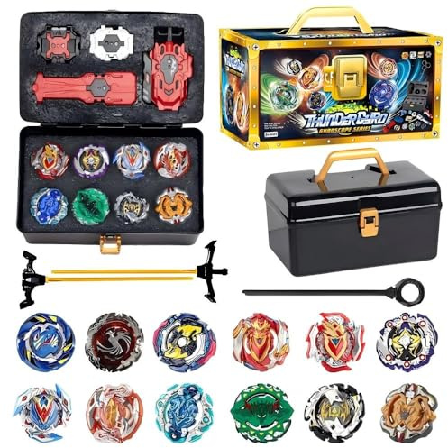 Dhqkqg Blade Burst Set, 12 in 1 Bay Burst Set, Blade Metal Fusion con 12 Gyros Burst, 3 Lanzadores, 1 Mango y Caja de Almacenaje, Peonzas Burst Batalla para Navidad Cumpleaños Regalo