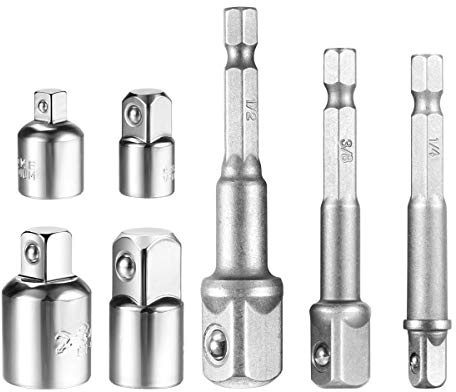 Newder Inserto Per Avvitatore, 4 Pezzi Socket Ratchet Converter Riduttori Adattatori Tool Set+ 3 Pezzi Punta Per Trapano, Con Codolo Esagonale, Adattatore, 1/4 3/8 1/2
