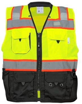 GGS High Visibility Safety Vest - Lightweight Yet Durable, Reflective Tape, 9 Pockets - Construction, Transportation, Running/Biking, Hunting, Yellow/Green & Black, Medium