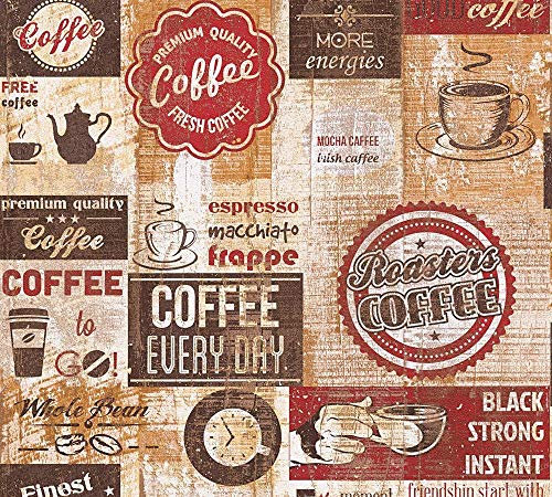 Bistro Coffee Shop Diner Wallpaper Kitchen Vintage Red Brown Beige Embossed from YöL