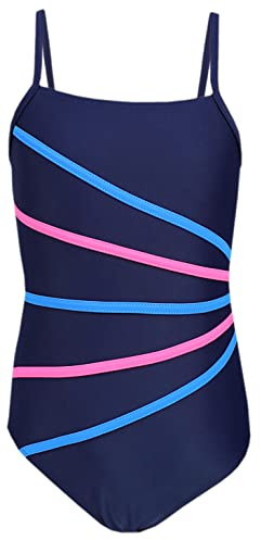 Aquarti Maillot de Bain Fille – Maillot de Bain Une Pièce pour Fille à Bretelles Fines, Bleu foncé/Rayures Rose Bleu, 140