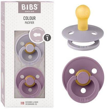 BIBS Colour Soother 2-Pack, BPA Free Dummy Pacifier, Round Nipple. Natural Rubber Latex, Made in Denmark. 0-6 Months (Pack of 2), Mauve/Fossil Grey