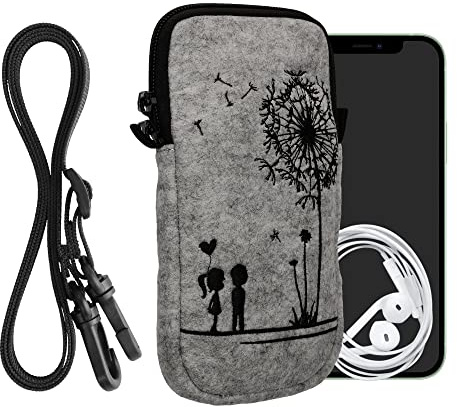 kwmobile mobilväska för smartphones XXL – 7 tum – filt mobiltelefonfodral svart ljusgrå – mobiltelefonfodral med kedja 17,7 x 8,5 cm innermått – maskros kärlek