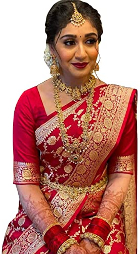 Avantika Fashion Kanjivaram Sari Banarasi doux semi-soie avec chemisier pour femme., Rouge, Free Size