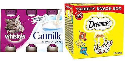 Whiskas Cat Milk 15 x 200 ml bottles, Complementary Cat Food for Kittens Over Aged 6 weeks & Dreamies Variety Snack Box 12 x 60 g Pouches, Cat Treats Tasty Snacks with Delicious Chicken
