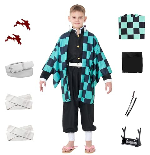 OURUEPY Kids Cosplay Costume Halloween Anime Cosplay Kimono Robe Set W/Sword Scar Sticker