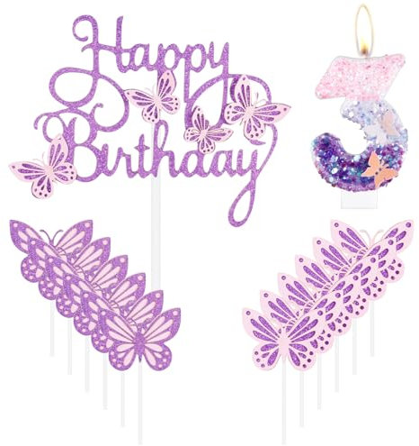 mciskin Butterfly Happy 3rd Birthday Candles,Butterfly Cake Decorations,Pink Purple Number 3 Candle for Cake,Purple Cupcake Toppers Girls,Glitter Pink Topper for Girls' 3rd Birthday Decorations