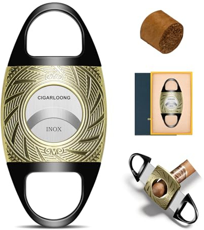 Cigar Cutter Stainless Steel, Double Sharp Blade Cut Carving Guillotine with Leather Protector in Gift Box(Black+Gold）