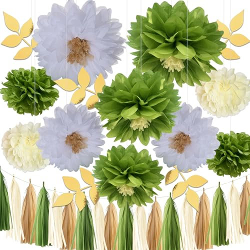 Syoulin Decorazioni per feste con fiori di carta, fiori carta crespa giganti, con nucleo di fiori, Utilizzato per Compleanno, Giardino, Festa di matrimonio, verde - 16 piezas