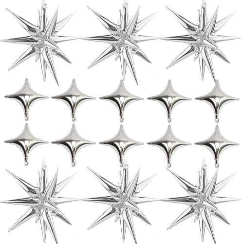 Lot de 16 ballons en aluminium en forme d'étoile – Argenté avec 6 ballons en forme d'étoile explosion et 10 ballons à l'hélium à quatre angles – Pour anniversaire, fête prénatale, jubilé, mariage