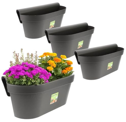 4X Geländerkasten Balkon mit Wasserspeicher Blumentopf Zaun Blumenkasten Geländer Balkontopf Balkonkasten Anthrazit 49 x 21 x 23 (H) cm Außenbereich