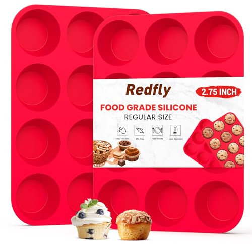 Redfly 2 Pack Silicone Muffin Pans for Baking & Cupcake Pan - 12 Cup Regular Size Silicone Molds, BPA Free Egg Bites Mold